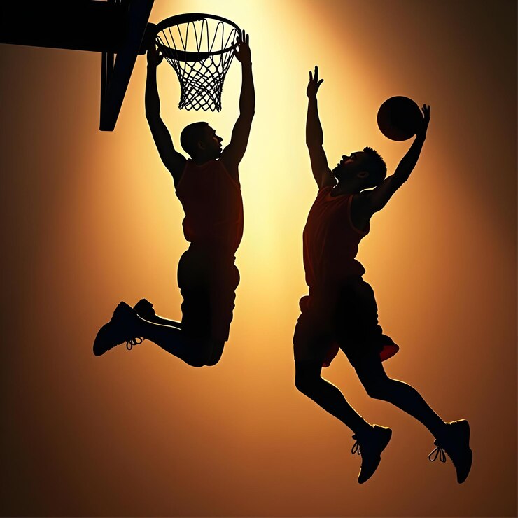 Silueta de jugadores de baloncesto compitiendo en un momento épico