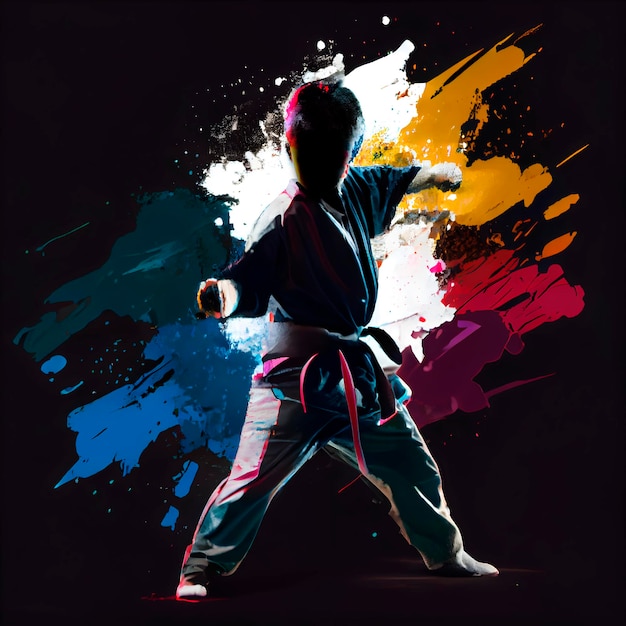 Silueta de un karateka sobre un fondo abstracto colorido