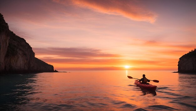 una silueta de un kayak en un acantilado durante una hermosa puesta de sol con un pequeño sol rosado y naranja