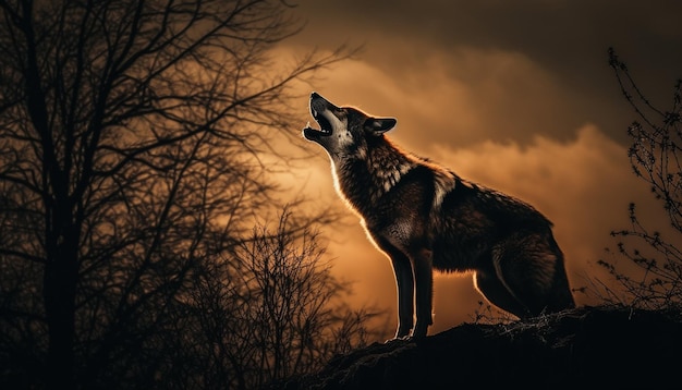 Silueta de un lobo aullando al atardecer belleza en la naturaleza generada por IA