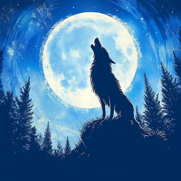 Silueta de lobo aullando a la luna en el bosque para el tamaño de la publicación de las redes sociales