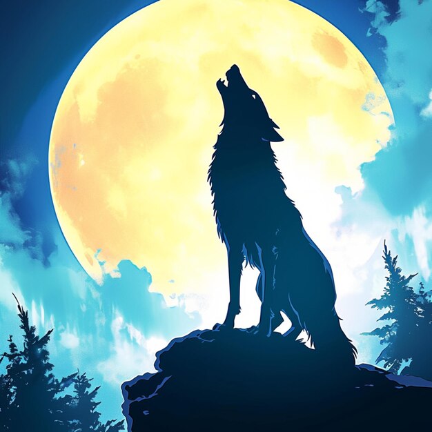 Silueta de lobo aullando a la luna en el bosque para el tamaño de la publicación de las redes sociales