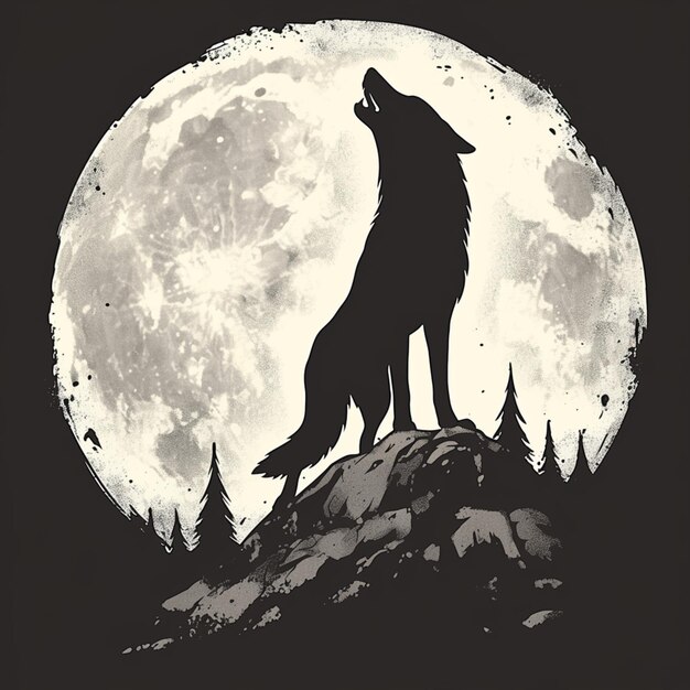 Silueta de lobo aullando a la luna en el bosque para el tamaño de la publicación de las redes sociales