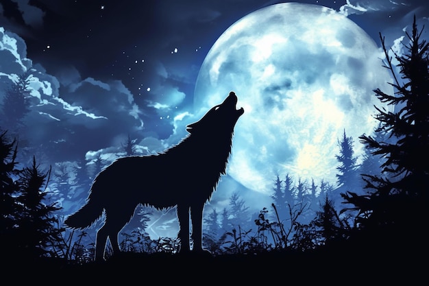 Foto la silueta del lobo aullando a la luna en el bosque