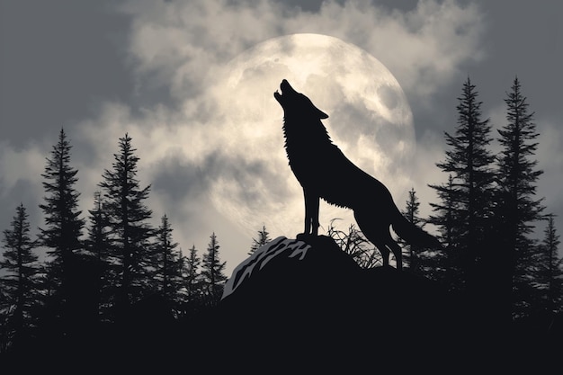 La silueta del lobo aullando a la luna en el bosque