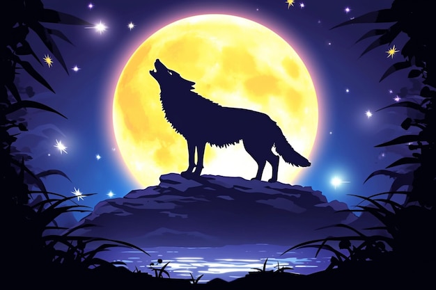 La silueta del lobo aullando a la luna en el bosque