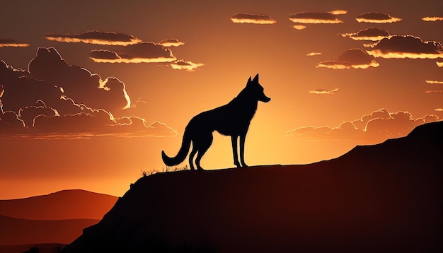 Una silueta de lobo en una colina al atardecer en Savanna Generative AI