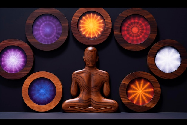 Silueta de madera en pose de meditación.