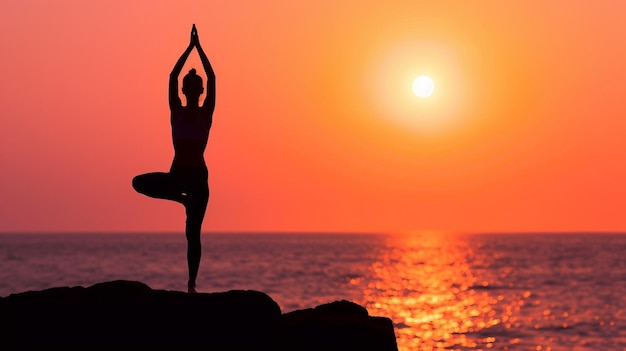 Foto silueta de un maestro de yoga practicando al aire libre en mares y cielos tranquilos