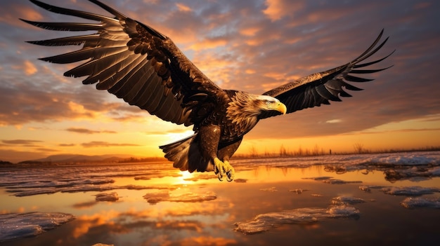 Silueta de majestuosa águila marina volando al amanecer en Hokkaido Japón silueta de pájaro aislado contra el cielo colorido y las nubes como fondo de pantalla