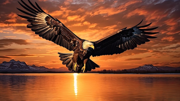 Silueta de majestuosa águila marina volando al amanecer en Hokkaido Japón silueta de pájaro aislado contra el cielo colorido y las nubes como fondo de pantalla