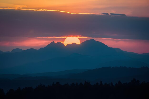 La silueta de una majestuosa cordillera contra el cielo ardiente del atardecer