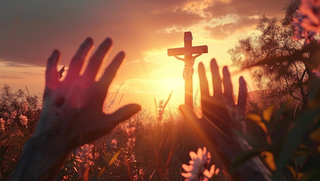 Silueta de manos en el fondo de la cruz y la puesta de sol