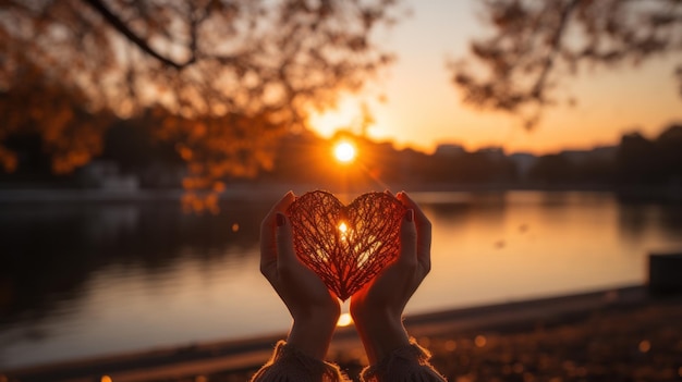 Silueta de manos formando forma de corazón con fondo de puesta de sol