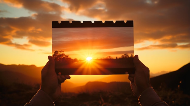 Foto silueta de manos sosteniendo una pizarra de película