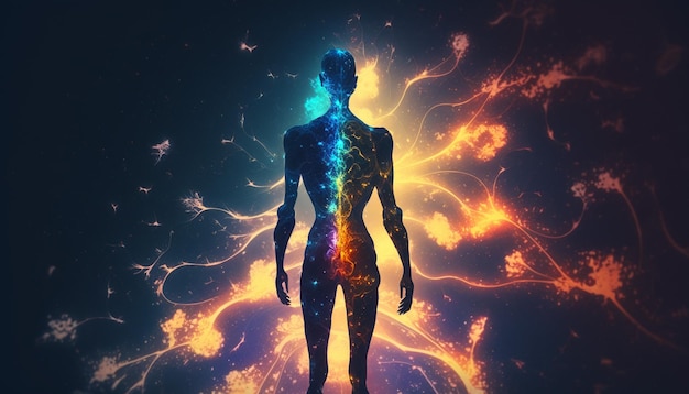 Silueta masculina de un cuerpo astral sobre un fondo cósmico fantástico