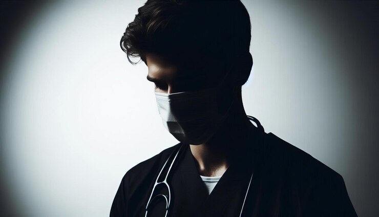 silueta de un médico con una máscara sobre un fondo blanco