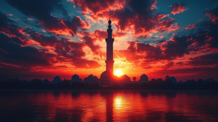Silueta de una mezquita al atardecer sobre el agua Cielo dramático con colores ardientes que se reflejan en la superficie del lago