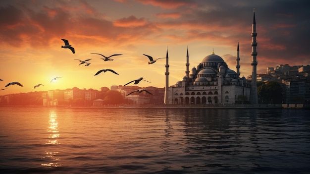 Silueta de una mezquita al atardecer sobre Estambul, Turquía