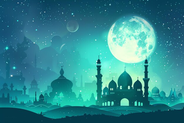 Silueta de la mezquita con luna creciente Ilustración de Eid Mubarak