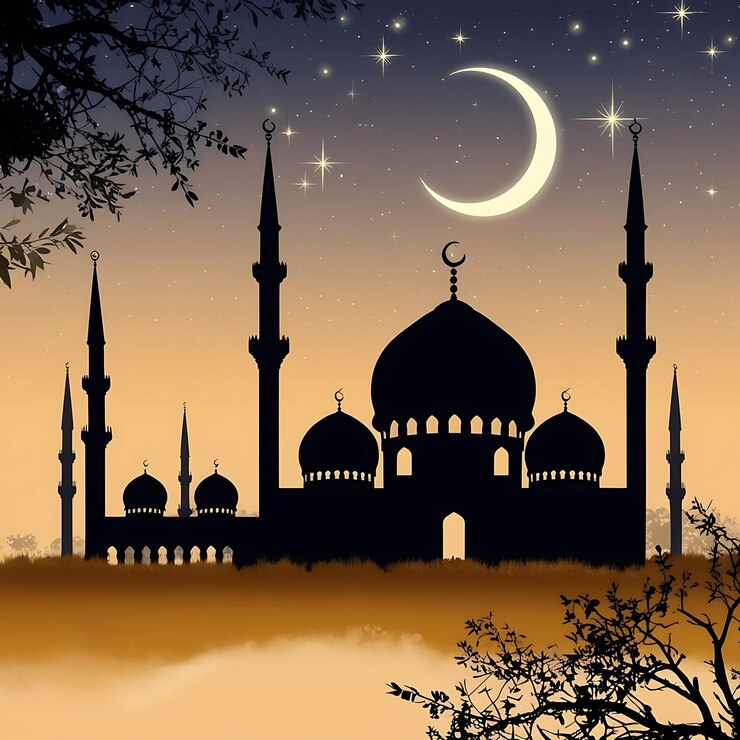 una silueta de una mezquita con la luna detrás de ella