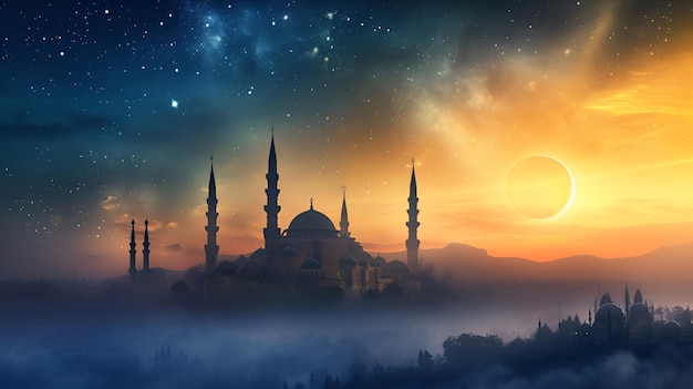 Foto silueta de una mezquita y minaretes bajo el cielo estrellado con la luna de ramadán