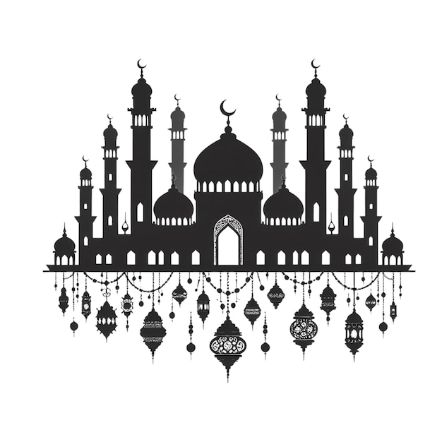 silueta de mezquita negra con linterna decorada aislada en blanco