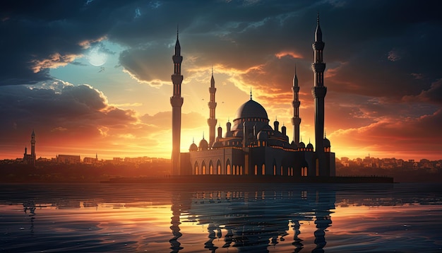 Silueta de la mezquita que abraza con gracia el cielo vibrante y el horizonte del amanecer