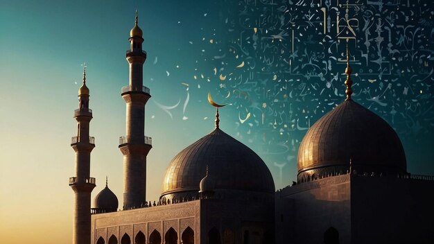 La silueta de la mezquita de Ramadán en el cielo nocturno con luna creciente y estrella