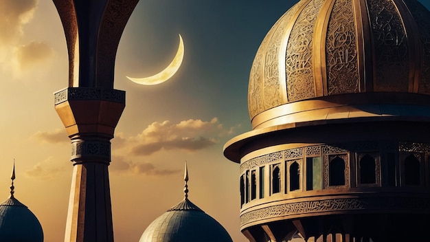 La silueta de la mezquita de Ramadán en el cielo nocturno con luna creciente y estrella