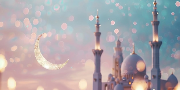 La silueta de la mezquita de Ramadan Kareem con luna creciente contra un fondo de bokeh pastel