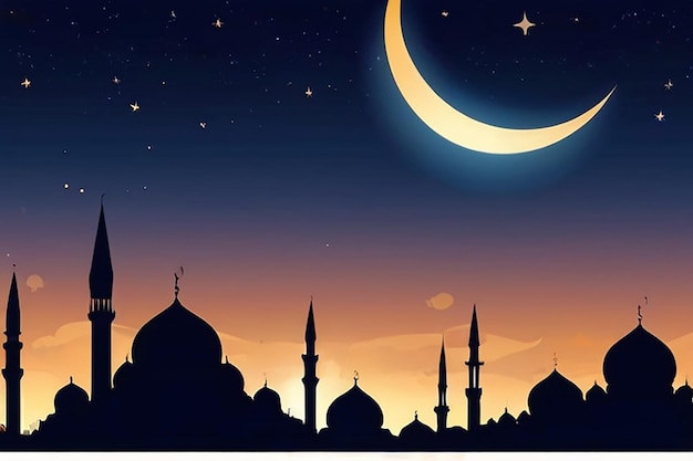 La silueta de las mezquitas de la cúpula al anochecer el cielo crepúsculo con cresta ent luna religioso de islámico y espacio libre para el texto Ramadan Kareem