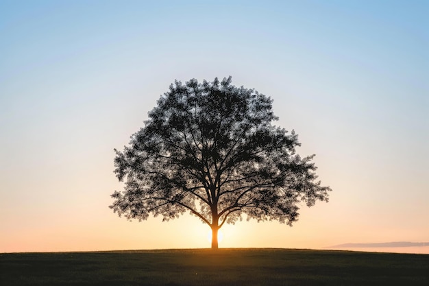 La silueta minimalista de un árbol solitario contra el telón de fondo de un cielo tranquilo al atardecer