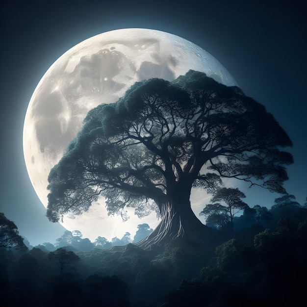 Silueta mística de un árbol con la luna llena de fondo