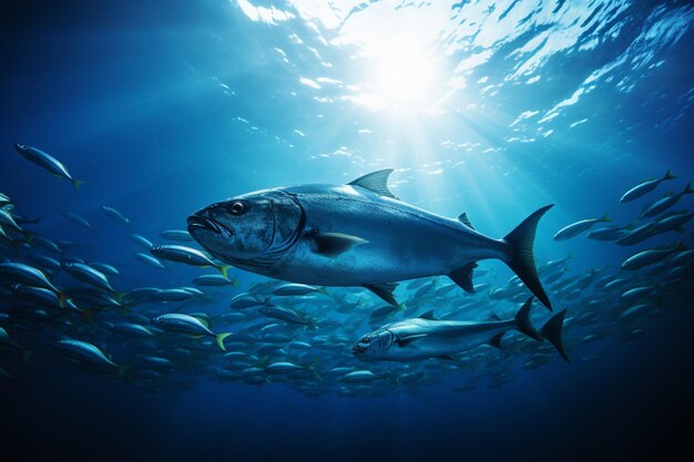 Foto la silueta mística de la barracuda del océano índico con una luz submarina radiante