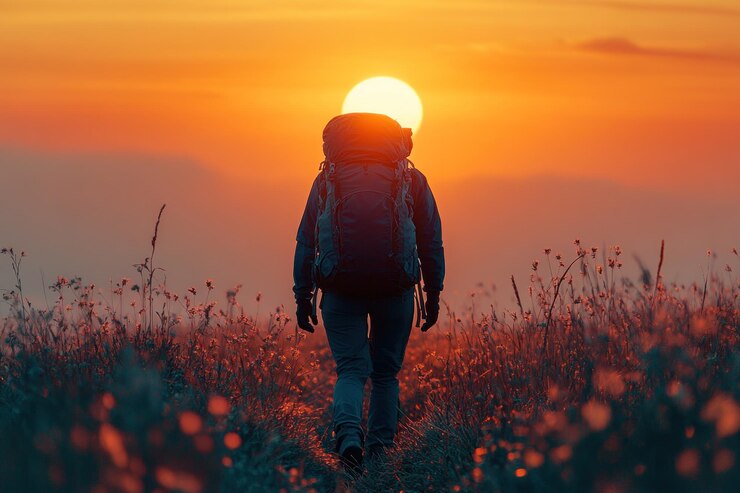 La silueta de un mochilero al atardecer