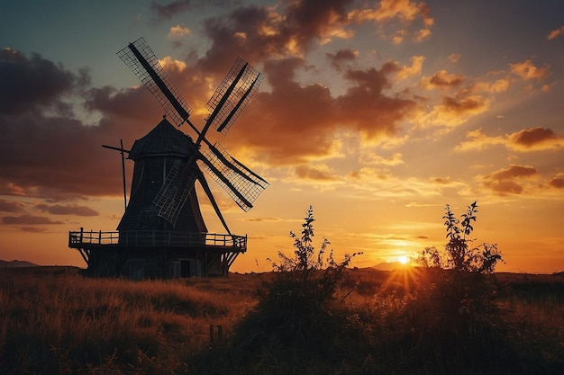 Silueta de un molino de viento rústico al atardecer