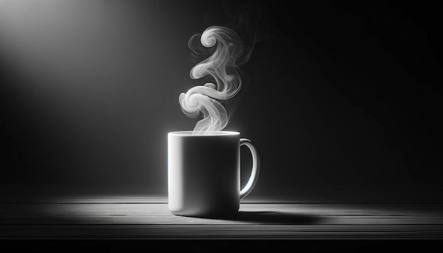 Silueta monocromática de vapor y taza sobre un fondo oscuro