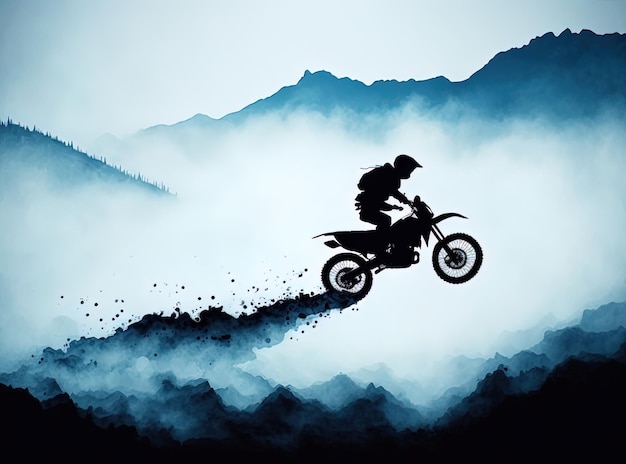 Silueta de moto con montaña azul en el arte digital de fondo