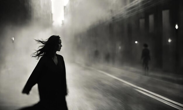 Foto silueta en movimiento borrosa de una chica con el cabello largo ai generativo