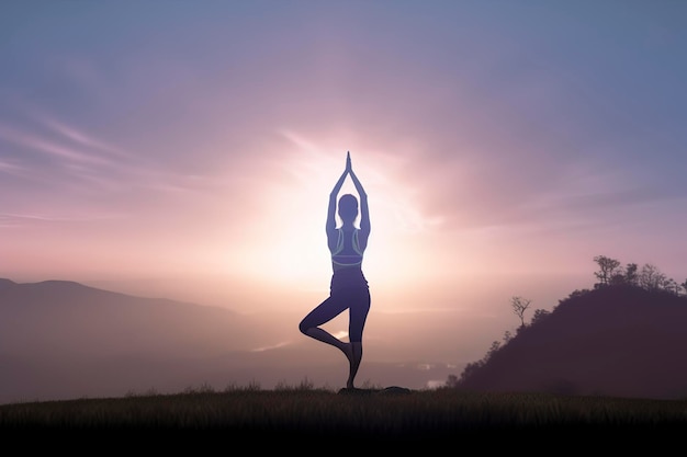 Silueta de la muchacha de la aptitud que practica yoga en la montaña con la luz del sol