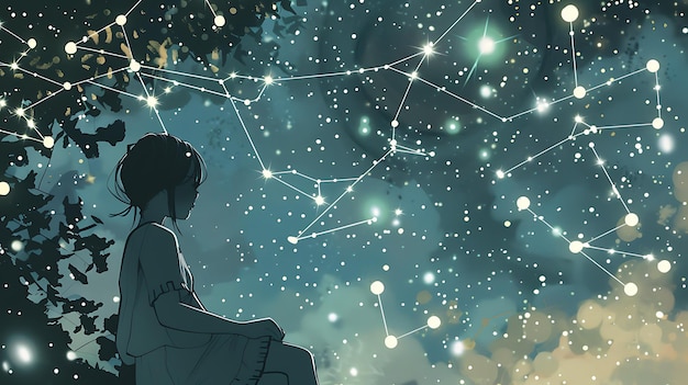 Silueta de una muchacha mirando las estrellas y las constelaciones