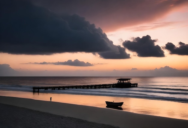 Silueta de un muelle de madera y un pequeño barco en una playa durante la puesta de sol con nubes oscuras en el cielo