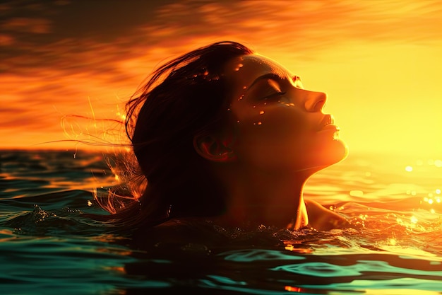 una silueta de una mujer en el agua con el sol detrás de ella