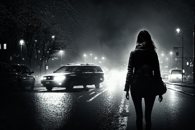Silueta de una mujer al costado de la calle en t fondo de autos en la noche lluviosa IA generativa