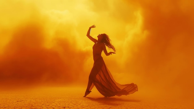 Silueta de una mujer bailando con gracia en un vestido fluido en un paisaje seco agrietado bajo un cielo dorado