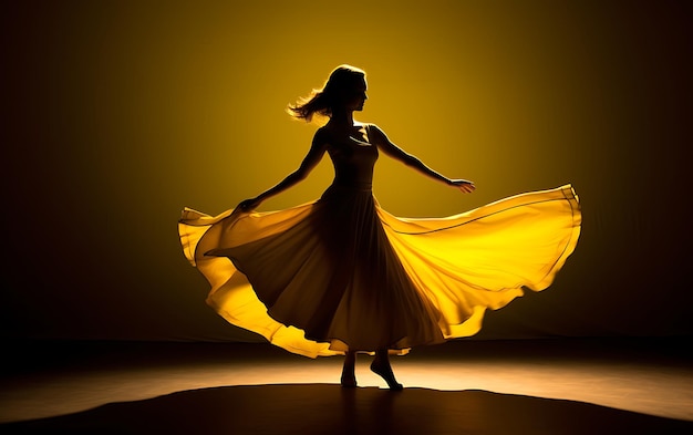 silueta, de, mujer, bailando, en la oscuridad, con, un, borde, luz, baile, plano de fondo, concepto