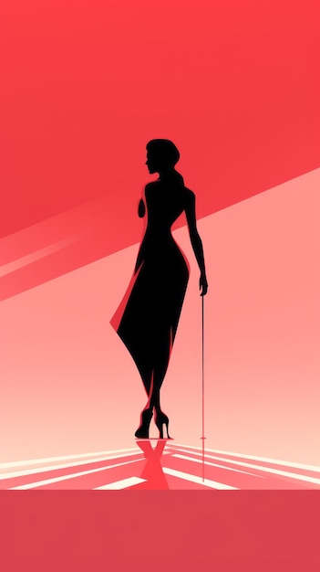 silueta de una mujer con un bastón sobre un fondo rojo