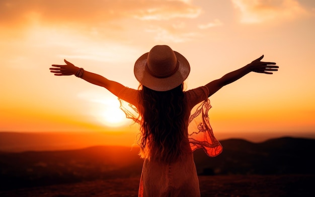 Silueta de mujer con los brazos abiertos contra el atardecer