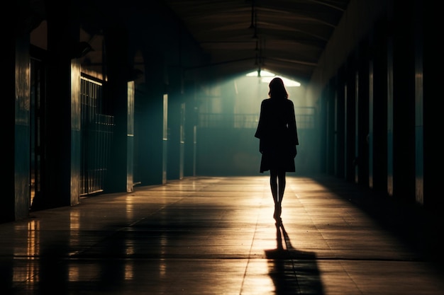 Silueta de una mujer caminando hacia el pasillo mirada estética ligera